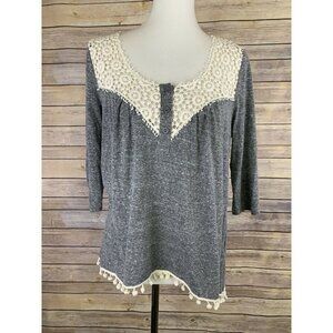 Umgee M Popover Blouse Lace Detail Pompom Fringe Boho Peasant Hippie